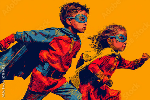 Children superheroes in comic pop art style flying with capes for Halloween

