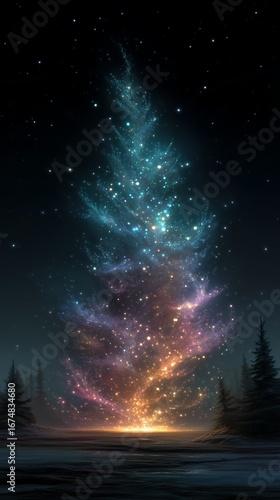 Magical starry Christmas tree blue purple gradient glow, dreamy galaxy background mobile wallpaper design, sparkling starlight effect holiday concept