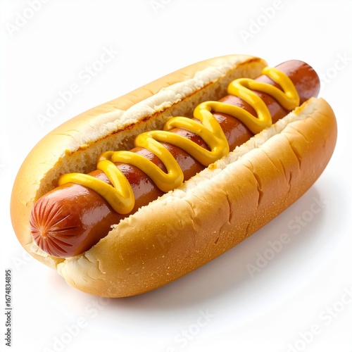 A classic American hot dog with a grilled sausage and a generous swirl of yellow mustard, served in a soft bun and isolated on a white background