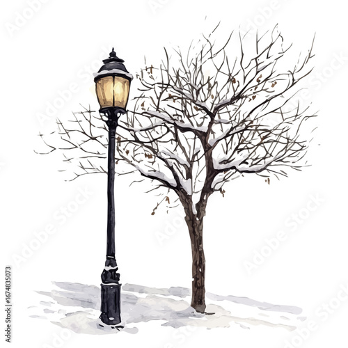 Snow-covered Street Lamp, watercolor painting vector, isolated on a white background.
