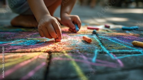Child drawing with chalk outdoors