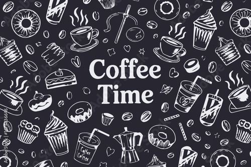 hand drawn coffee doodles seamless pattern vector cafe restaurant menu background design elements illustration