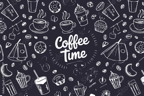 coffee beans cups donuts hand drawn doodle pattern vector illustration cafe shop restaurant menu background design