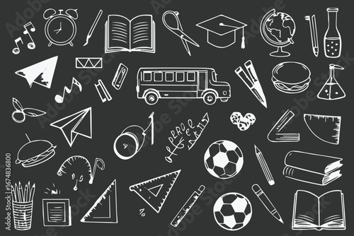 chalkboard style education vector illustration with school books globe calculator rulers scissors compass pens for creative learning