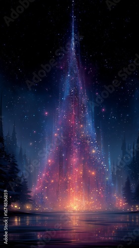 Magical starry Christmas tree blue purple gradient glow, dreamy galaxy background mobile wallpaper design, sparkling starlight effect holiday concept