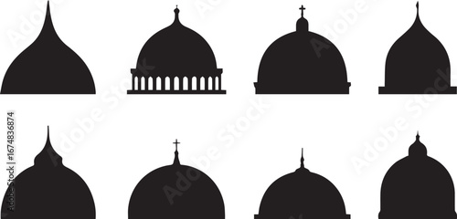 vector dome silhouette collection featuring eight diverse architectural roof structures in black outline style icon pack