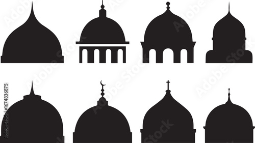 outline vector dome icons collection showcasing eight religious and cultural architecture roof silhouettes in black minimal style pack