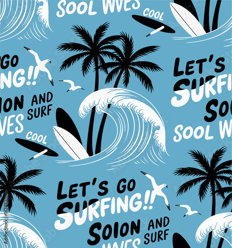 Fun and vibrant pattern showcasing surfers, waves, and palm trees, embodying the playful spirit of beach culture and the joy of carefree summer activities.