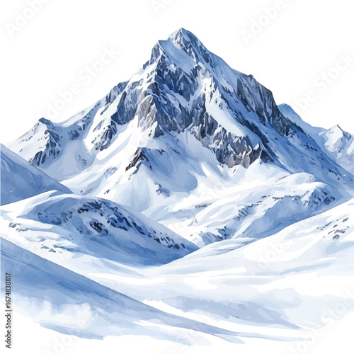 Snow-covered Mountain Peaks, watercolor clipart vector, isolated on a white background.