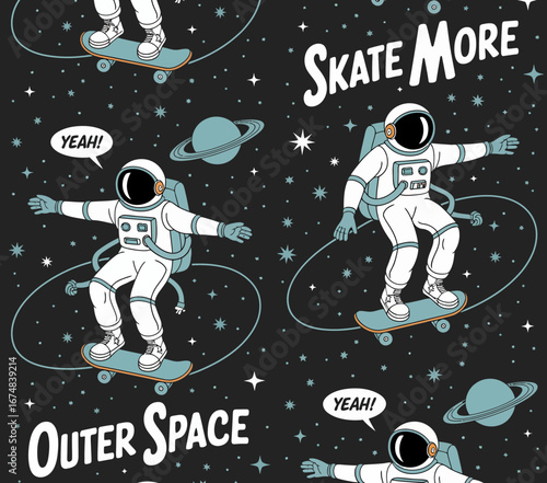 This whimsical design features an astronaut skateboarding in outer space, blending playful elements of adventure with a cosmic backdrop to highlight joy and freedom.