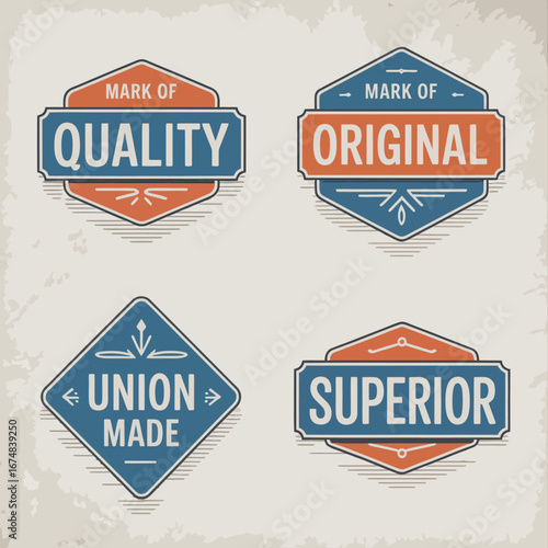 A set of vintage-style quality badges showcasing various seal designs, focusing on craftsmanship and originality, perfect for branding and marketing applications.