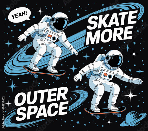 This engaging pattern illustrates a funky astronaut skateboarding in outer space, merging whimsical characters with cosmic elements to convey endless adventure and fun.