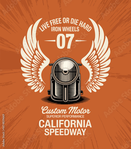 An impressive illustration of a motorcycle viewed from the front, featuring striking wing designs that symbolize speed, freedom, and the excitement of the biking community.