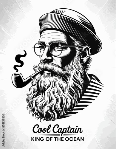This creative illustration presents a stylish captain wearing glasses and a sailor's outfit, smoking a pipe, creating a unique personality that reflects ocean adventures.
