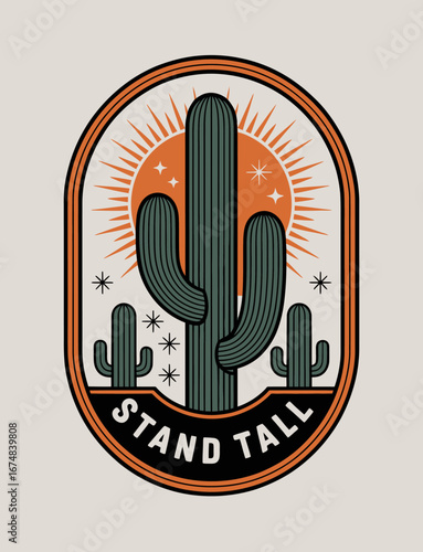 An artistic depiction of three cacti basking in sunlight with a motivational phrase 'Stand Tall,' symbolizing perseverance and standing strong amidst adversity.