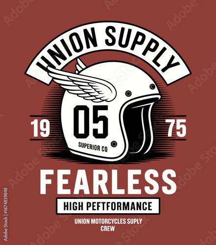 An artistic representation of a retro motorcycle helmet with dynamic wing motifs, capturing the spirit of adventure, thrill, and motorcycle culture in a vintage style.