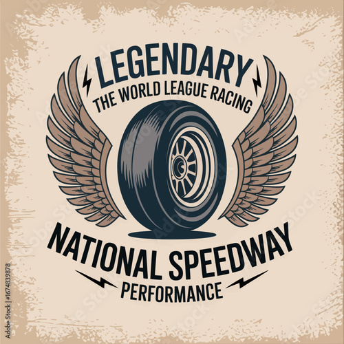 A retro-inspired graphic symbolizing legendary NASCAR-style speed racing with a winged tire design, representing performance and the thrill of competition.