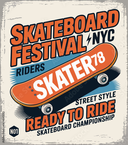 A graphic design encapsulating the skateboard festival's vibrant spirit, emphasizing street style, unity among skaters, and the excitement of urban skateboarding culture.