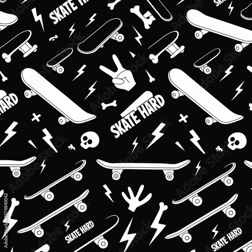 An intricate pattern of skateboards, hands, and lightning bolts reflecting the thrill and energy of the skateboarding lifestyle in a unique black and white artistic representation.