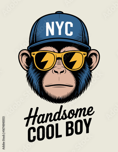 This charming illustration of a monkey wearing a cap and sunglasses represents a fun and casual style, making it an ideal artwork choice for modern apparel and trendy items.