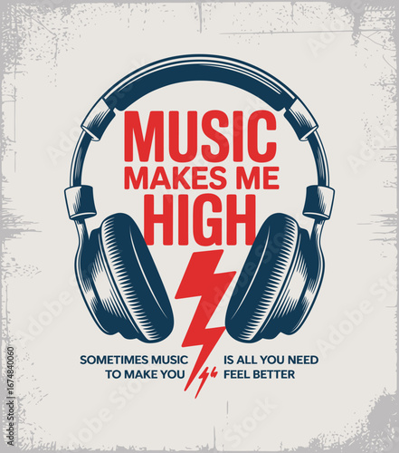 This image features a graphic of classic headphones with bold text celebrating music and the uplifting effects it has on our emotions and mental well-being.