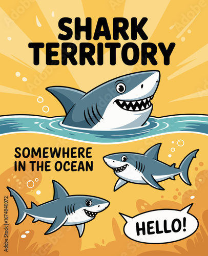 A cheerful illustration depicting a friendly cartoon shark peeking out of the water with a bright yellow background, capturing the spirit of summer and ocean fun.