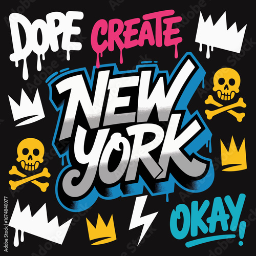 This vibrant graffiti design captures the essence of New York's street art scene with bold lettering, playful colors, and iconic cultural motifs like skulls and crowns.