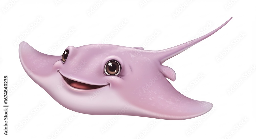 Fototapeta premium Cute cartoon stingray playfully swims in soft light. AI Generated