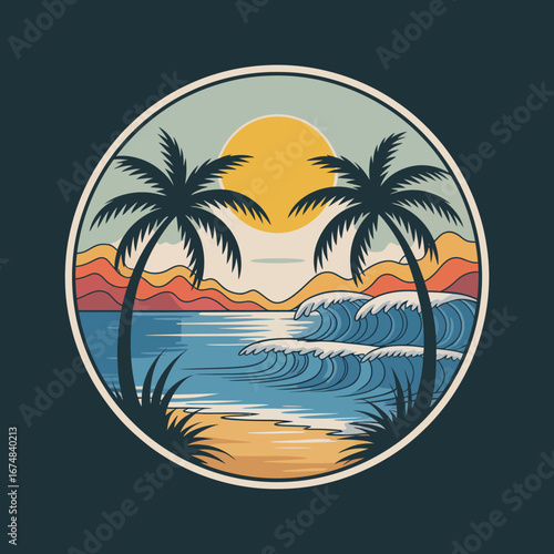 An idyllic tropical beach scene featuring palm trees, a bright sun, and gentle ocean waves, capturing the essence of relaxation and leisure in a vibrant coastal environment.