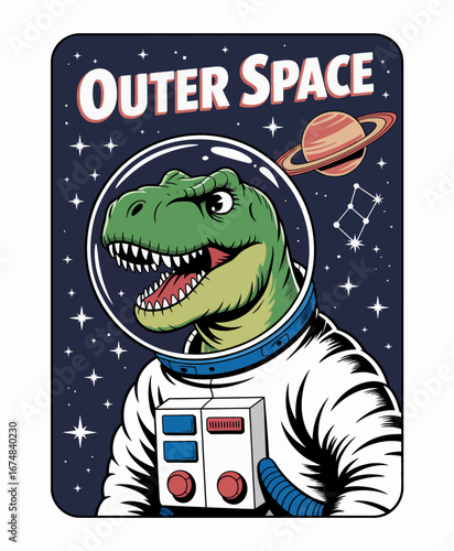 A detailed portrait of a dinosaur in an astronaut suit showcases its fierce, lively expression against a night sky filled with stars and planets, captivating viewers with its vibrant artistry.