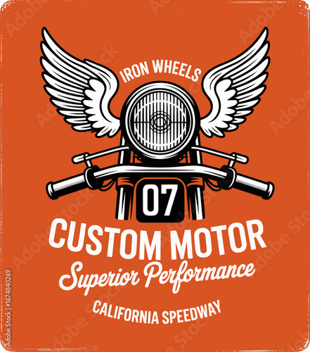 This image showcases a vintage motorcycle design featuring a classic bike with wings and the text customization reflecting superior performance in a striking color scheme.