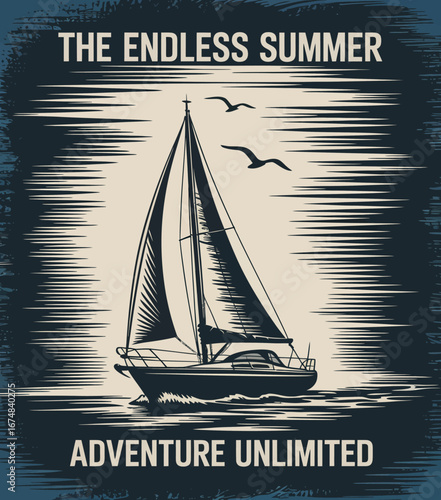 This beautifully designed image features a classic sailboat against a backdrop of stylized windswept waves, embodying the essence of summer adventures and nautical journeys.