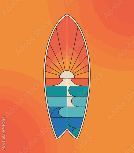 This artistic surfboard design showcases waves and a sun rising, symbolizing adventure and the thrill of ocean sports, embracing vibrant colors for a refreshing feeling.
