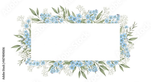 Watercolor floral frame with delicate blue flowers, baby's breath, and greenery. Elegant botanical border for a wedding invitation or greeting card.

