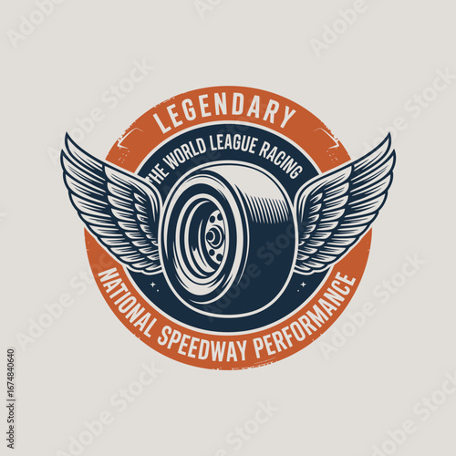 A vintage-style design featuring a tire with wings and bold lettering, representing the spirit of competition and speed, great for merchandising in racing events.