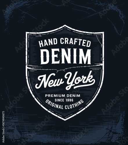A classic badge design featuring handcrafted denim elements, showcasing New York's rich heritage in premium denim production since 1986 with a stylish vintage aesthetic.