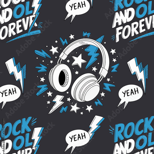This vibrant image features headphones, stars, and lightning bolts, embodying the spirit of rock and roll with a modern artistic flair in black and blue tones.