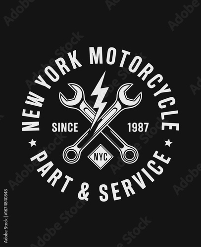 This bold emblem showcases a motorcycle service logo featuring wrenches, a lightning bolt, and the iconic NYC designation celebrating craftsmanship since 1987.