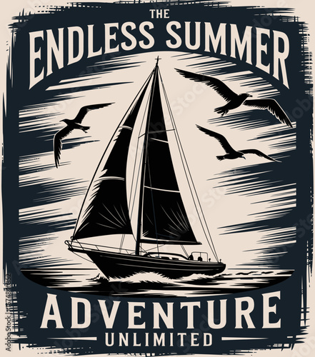 This visually striking artwork highlights a sailboat gracefully maneuvering atop gentle waves, representing the spirit of adventure and the joy of endless summer escapades upon the sea.