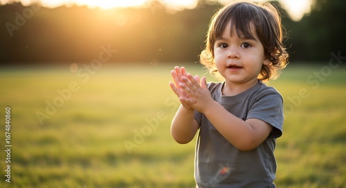 Happy toddler joyfully claps hands in warm sunset light. AI Generated