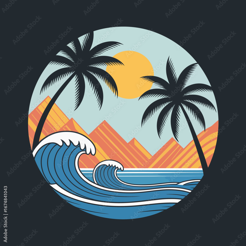 Fototapeta premium This vibrant illustration showcases a tropical beach with bold waves, palm trees, and colorful mountain silhouettes under a bright sun, evoking feelings of relaxation and adventure.