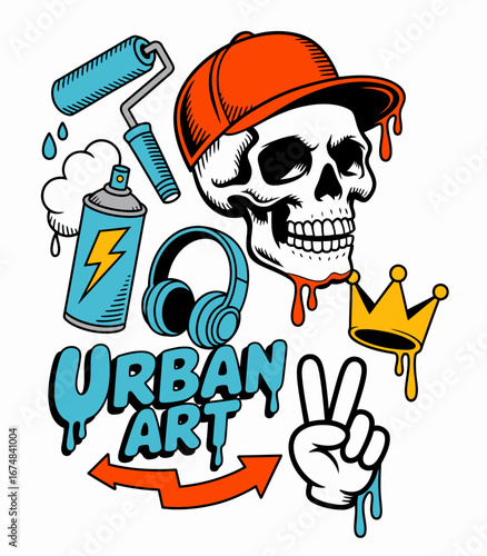 Vibrant urban art featuring a skull wearing a cap, surrounded by spray paint tools, headphones, and a crown, symbolizing street culture and creativity in color.