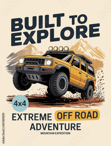 An exhilarating depiction of a yellow off-road vehicle navigating rough terrain, symbolizing the spirit of adventure and exploration in breathtaking mountainous landscapes.