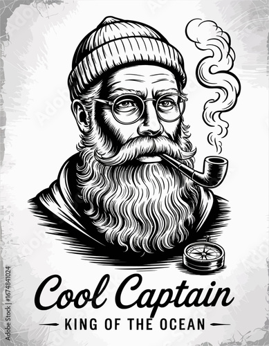 This captivating illustration showcases an artistic captain with a compass, glasses, and pipe, embodying the spirit of adventure and exploration on the ocean.