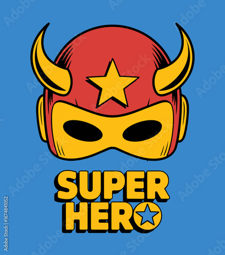 An eye-catching comic-style superhero mask featuring vibrant red and yellow colors with horns and a star, representing valor, creativity, and a vibrant heroic theme.
