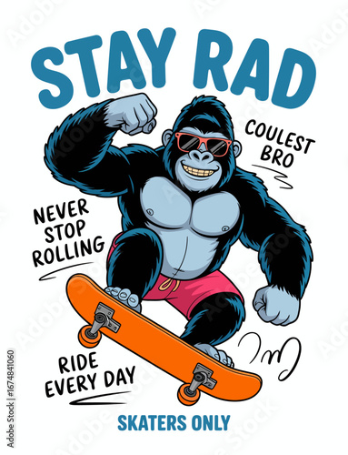 This playful illustration presents a joyful gorilla skating energetically on a vibrant skateboard, capturing the essence of fun and youthful enthusiasm for skating.