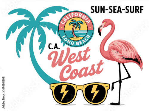 A bright and fun illustration featuring palm trees and a flamingo, evoking a vibrant tropical vacation vibe combined with California's West Coast surf culture.