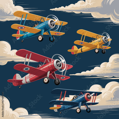 This vibrant illustration showcases four vintage biplanes soaring through a striking cloudy sky, capturing the excitement and nostalgia of early aviation adventures.