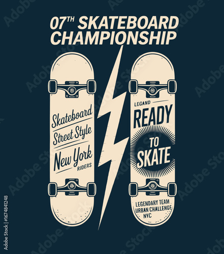 This unique graphic design represents the 07th Skateboard Championship, focusing on urban street style while highlighting the daring spirit of skateboard riders.
