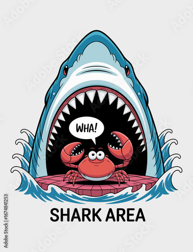 A humorous cartoon art depicting a crab amusingly sitting in a shark's mouth within the 'Shark Area', capturing fun and playful marine life concepts for all ages.